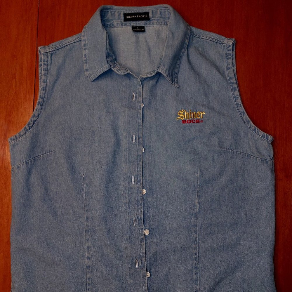Shiner Bock womens sleeveless denim button down sz M - 0028